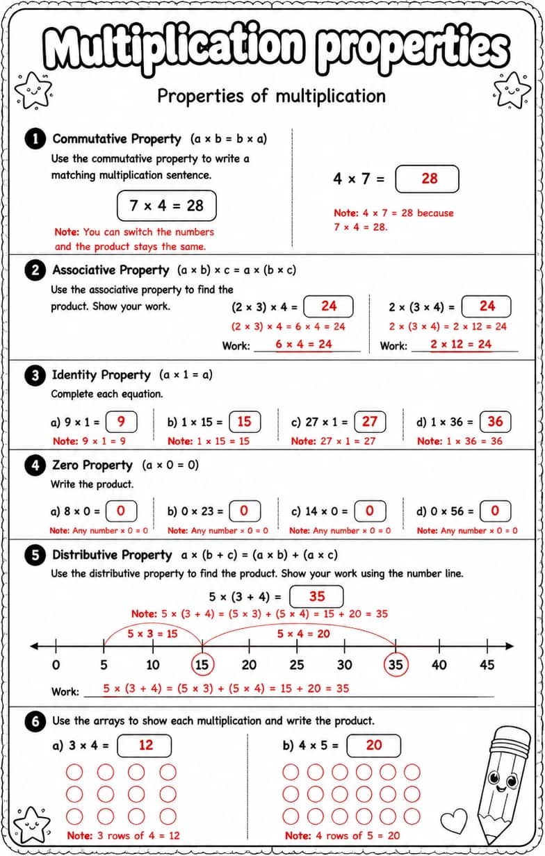 Answer key for Properties of multiplication — free printable Math worksheet