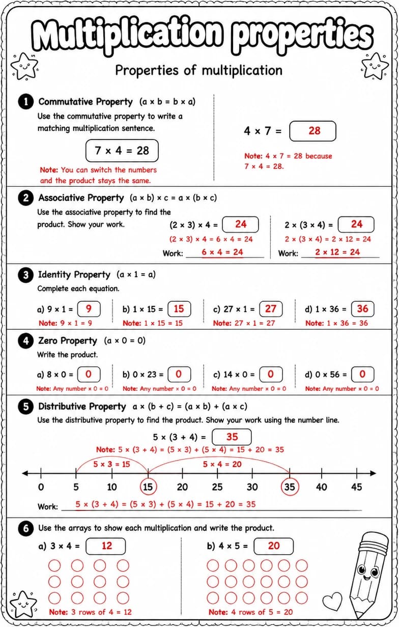 Answer key for Properties of multiplication — free printable Math worksheet