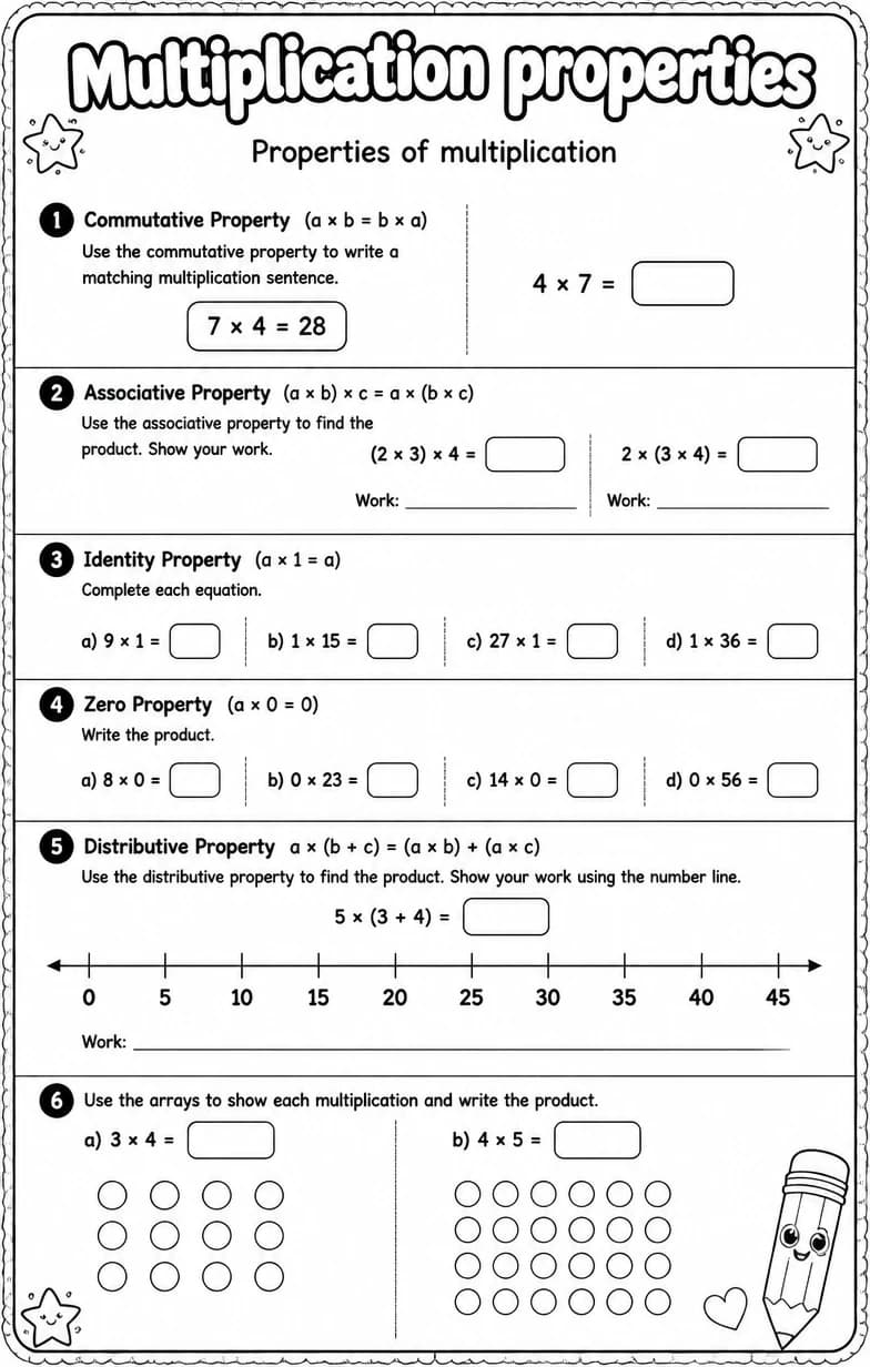 Properties of multiplication — free printable Grade 3 math worksheet