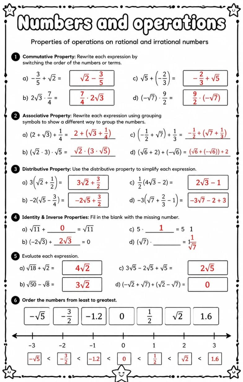 Answer key for Properties of operations on rational and irrational numbers — free printable Math worksheet
