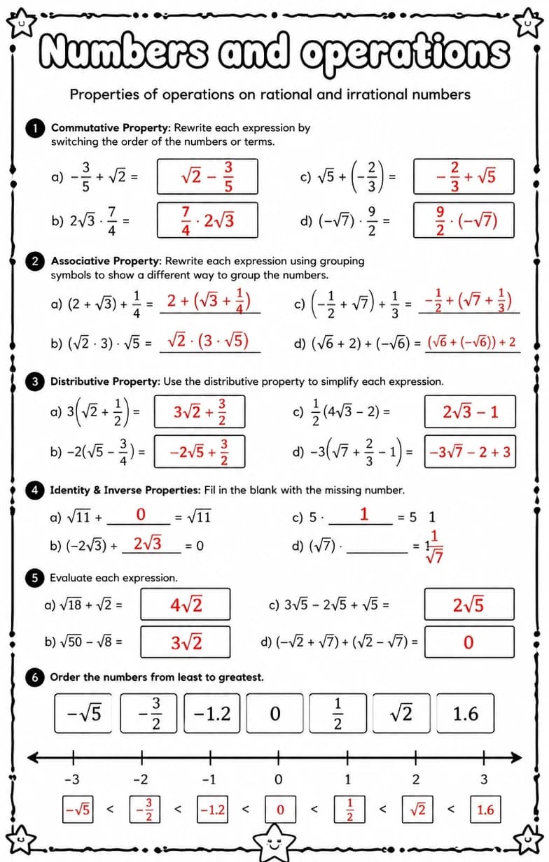 Answer key for Properties of operations on rational and irrational numbers — free printable Math worksheet
