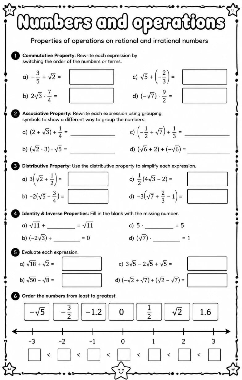 Properties of operations on rational and irrational numbers — free printable Algebra 1 math worksheet