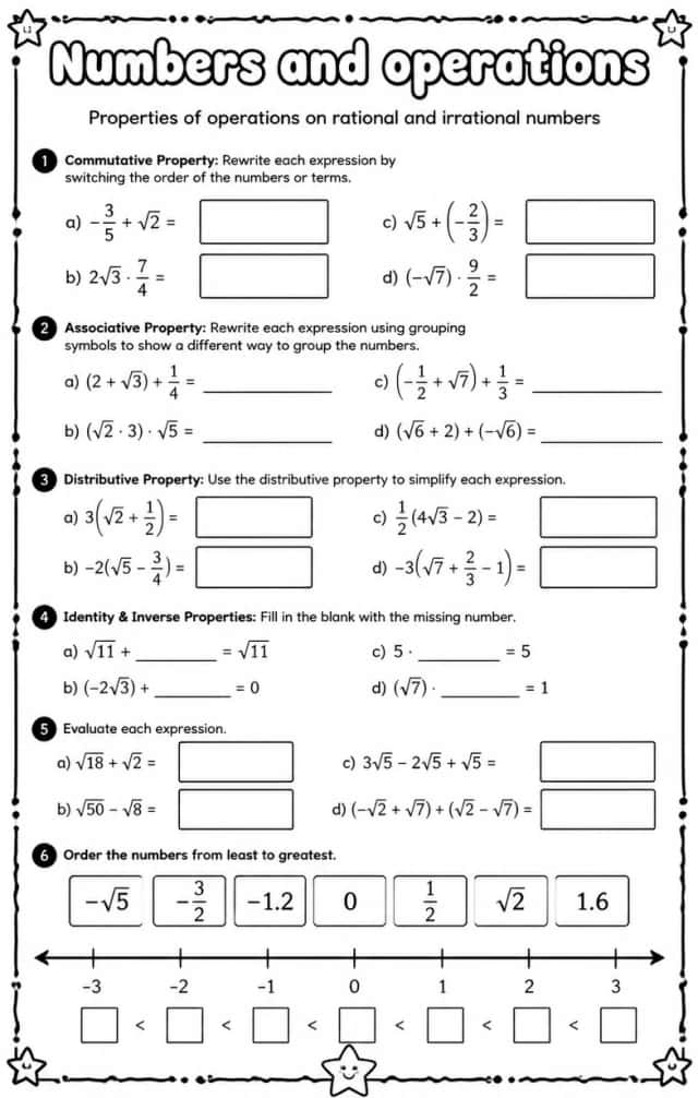 Properties of operations on rational and irrational numbers