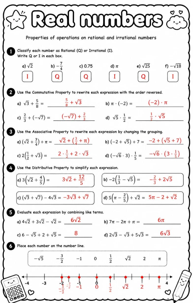 Answer key for Properties of operations on rational and irrational numbers — free printable Math worksheet
