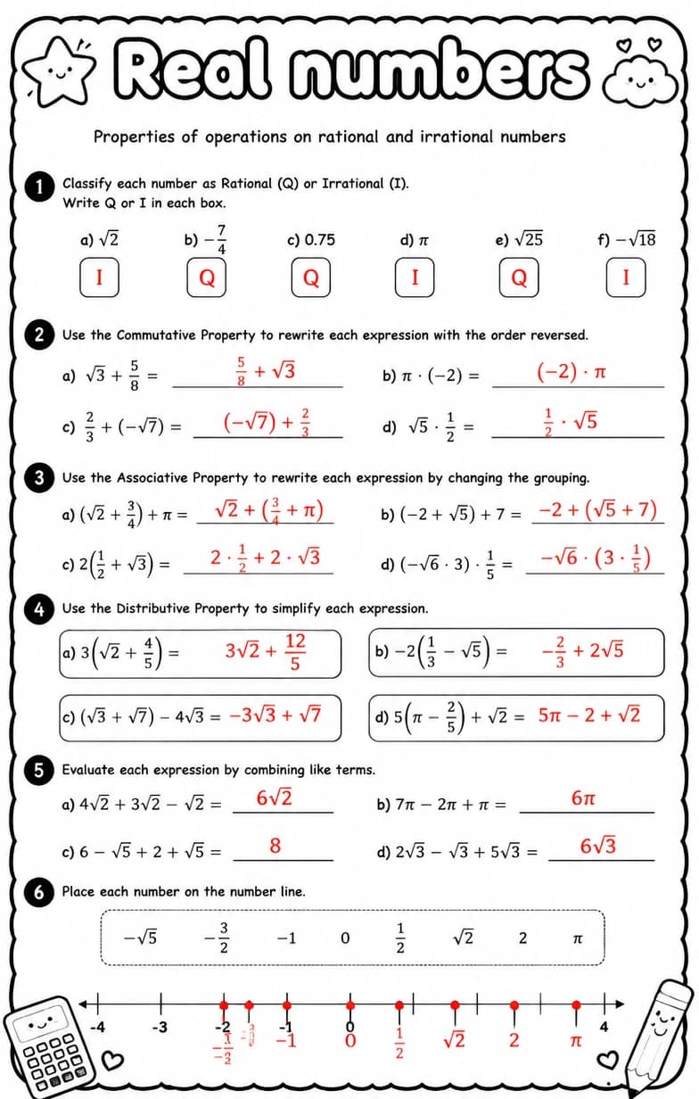 Answer key for Properties of operations on rational and irrational numbers — free printable Math worksheet