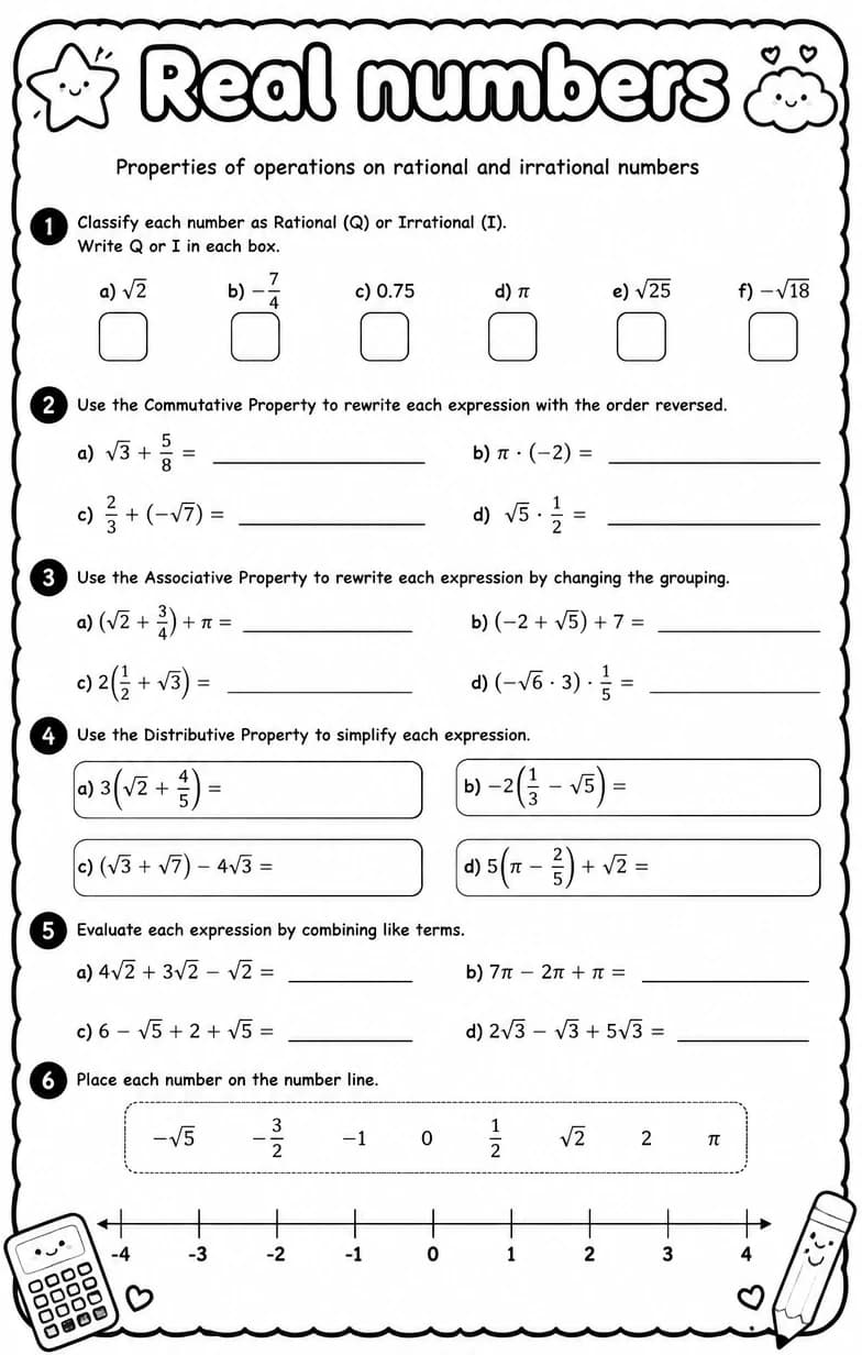 Properties of operations on rational and irrational numbers — free printable Algebra 2 math worksheet