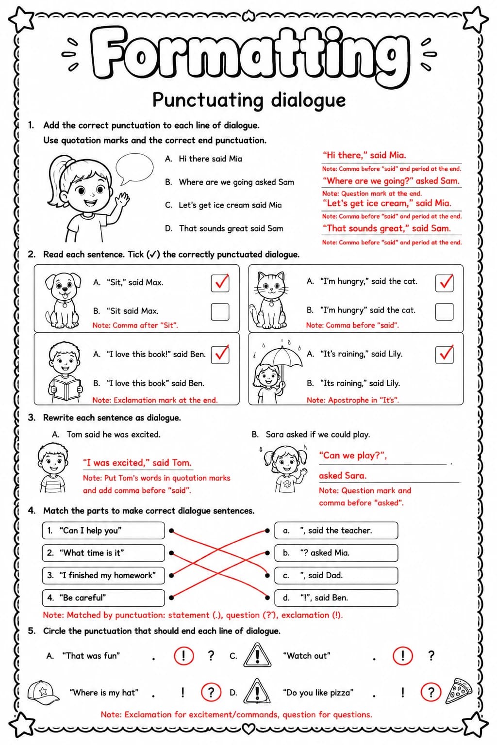 Answer key for Punctuating dialogue — free printable English & Reading worksheet