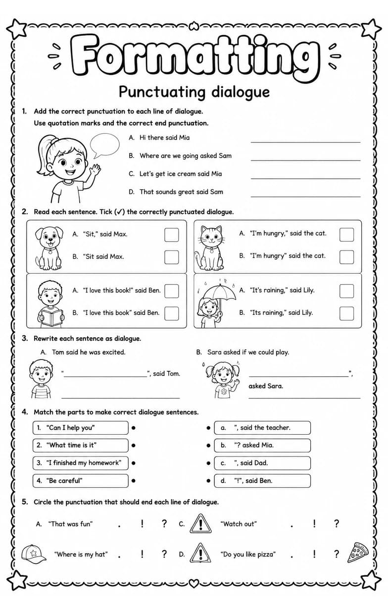 Punctuating dialogue — free printable Grade 3 English & Reading worksheet