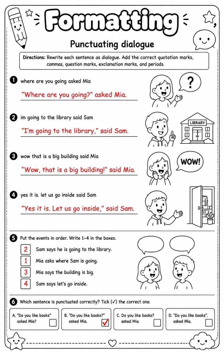 Answer key for Punctuating dialogue — free printable English & Reading worksheet