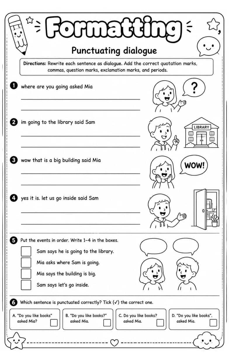 Punctuating dialogue — free printable Grammar and mechanics English worksheet