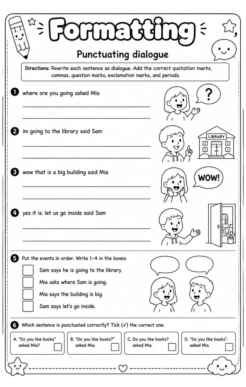 Punctuating dialogue — free printable Grammar and mechanics English worksheet