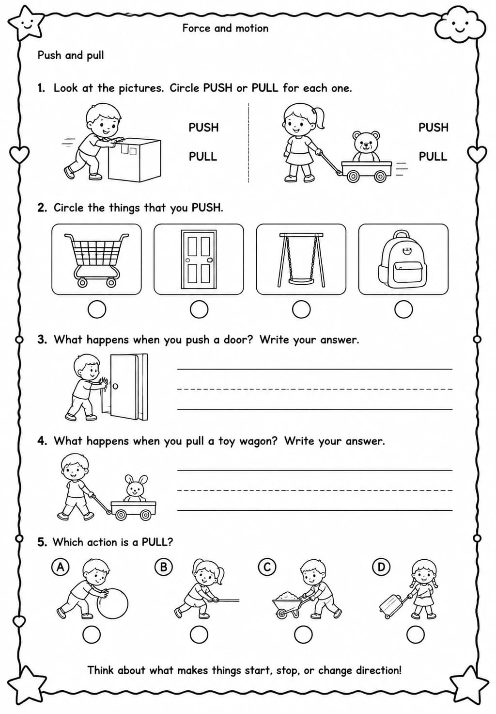 Push and pull — free printable Kindergarten Science worksheet