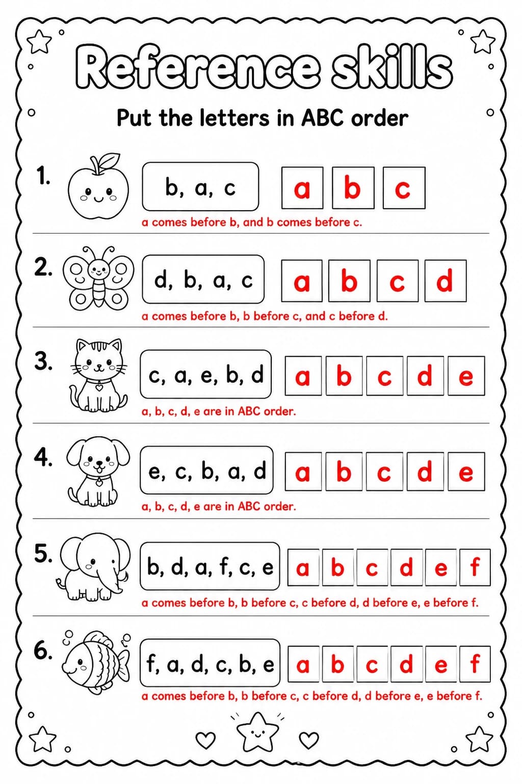 Answer key for Put the letters in ABC order — free printable English & Reading worksheet