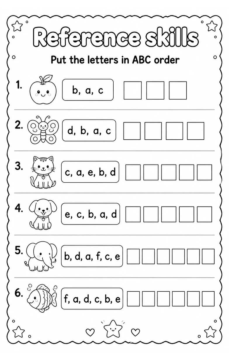 Put the letters in ABC order — free printable Vocabulary English worksheet