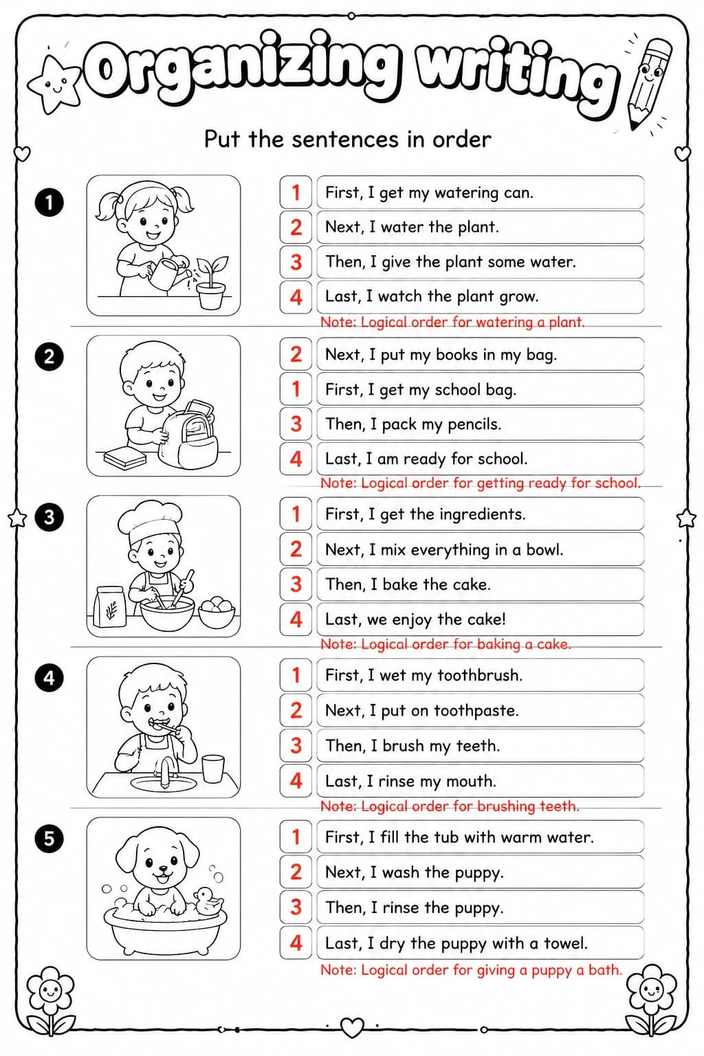 Answer key for Put the sentences in order — free printable English & Reading worksheet