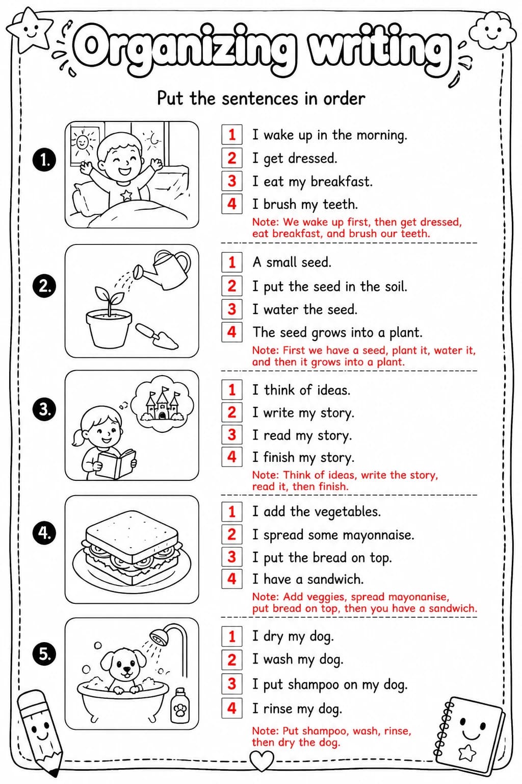 Answer key for Put the sentences in order — free printable English & Reading worksheet