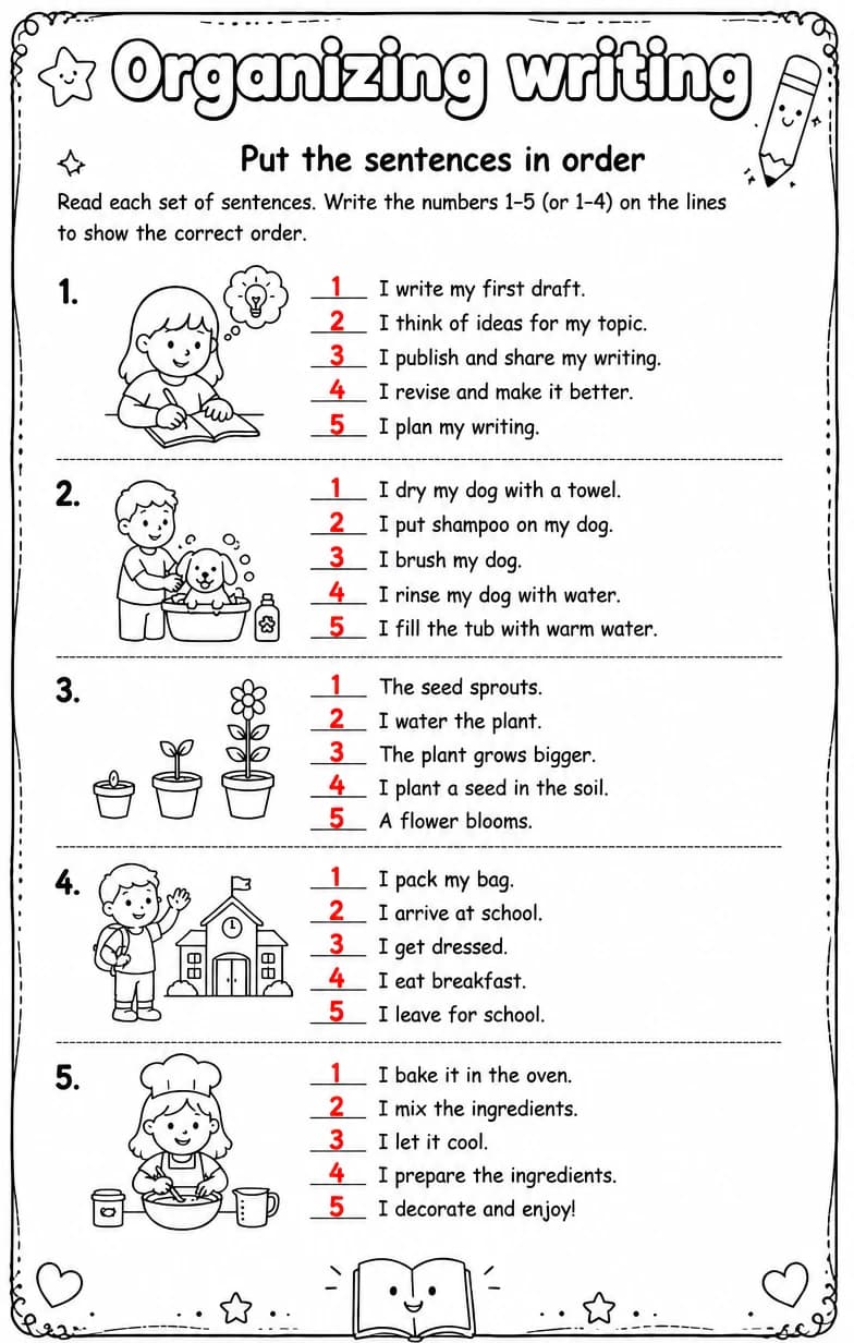 Answer key for Put the sentences in order — free printable English & Reading worksheet