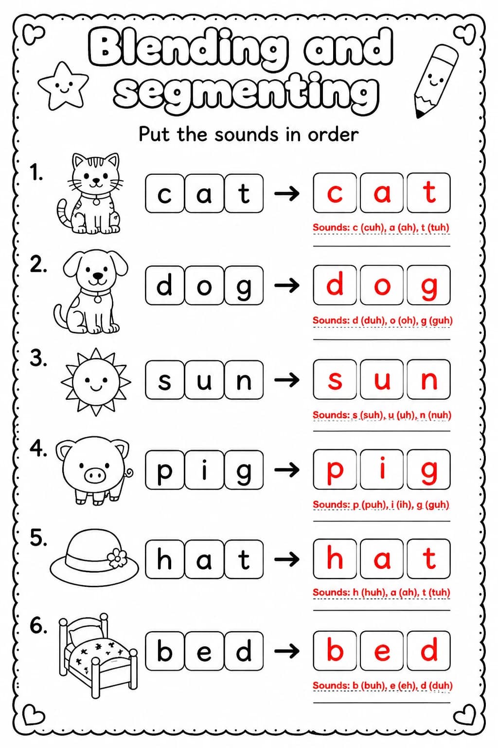 Answer key for Put the sounds in order — free printable English & Reading worksheet