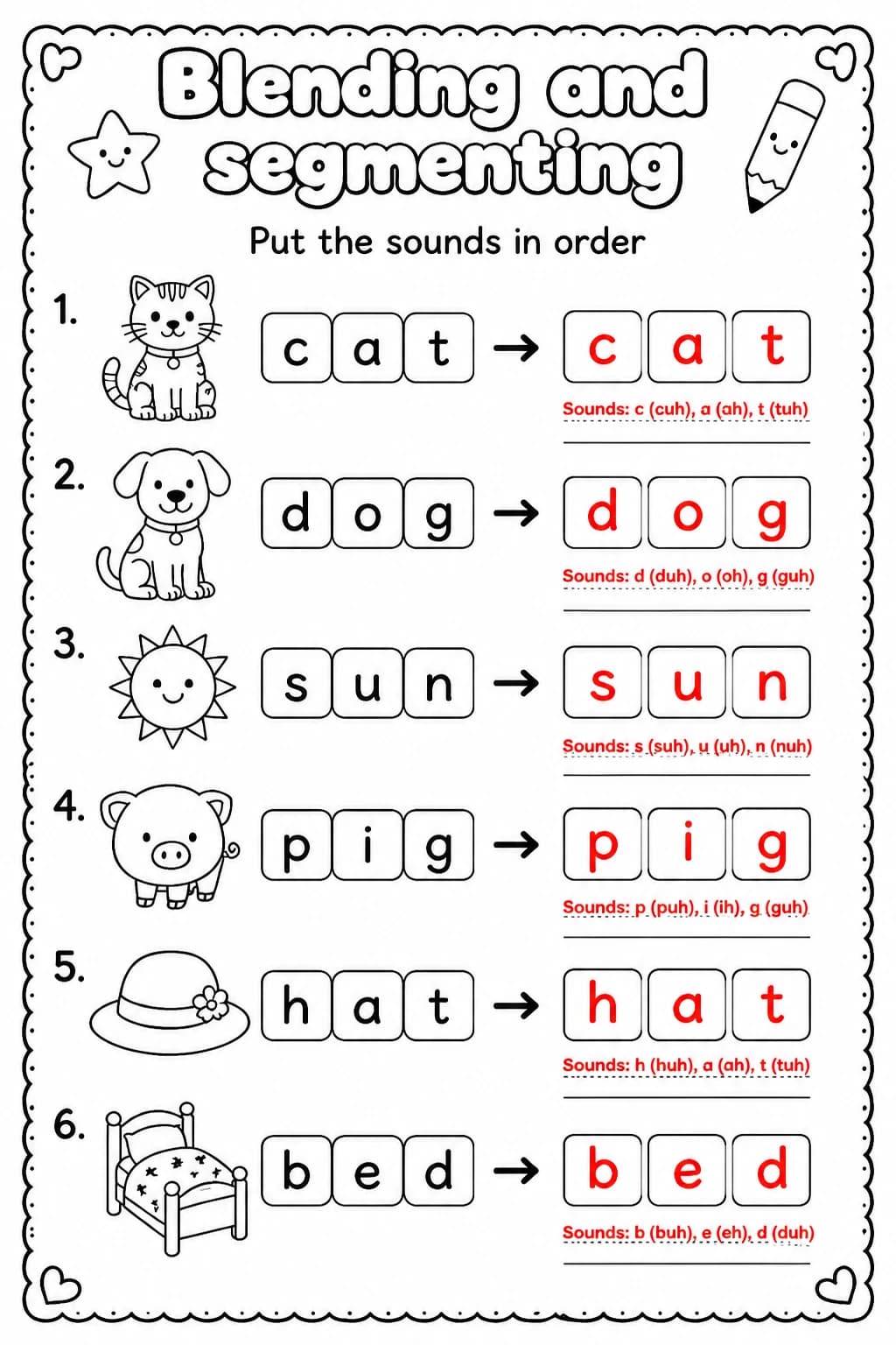Answer key for Put the sounds in order — free printable English & Reading worksheet