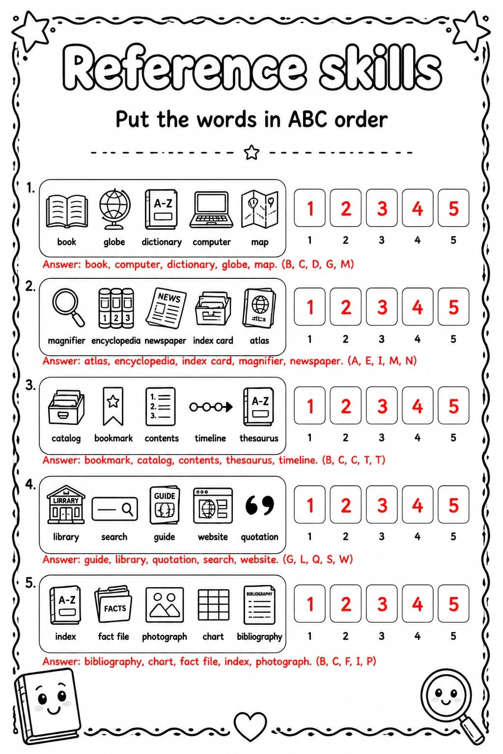 Answer key for Put the words in ABC order — free printable English & Reading worksheet
