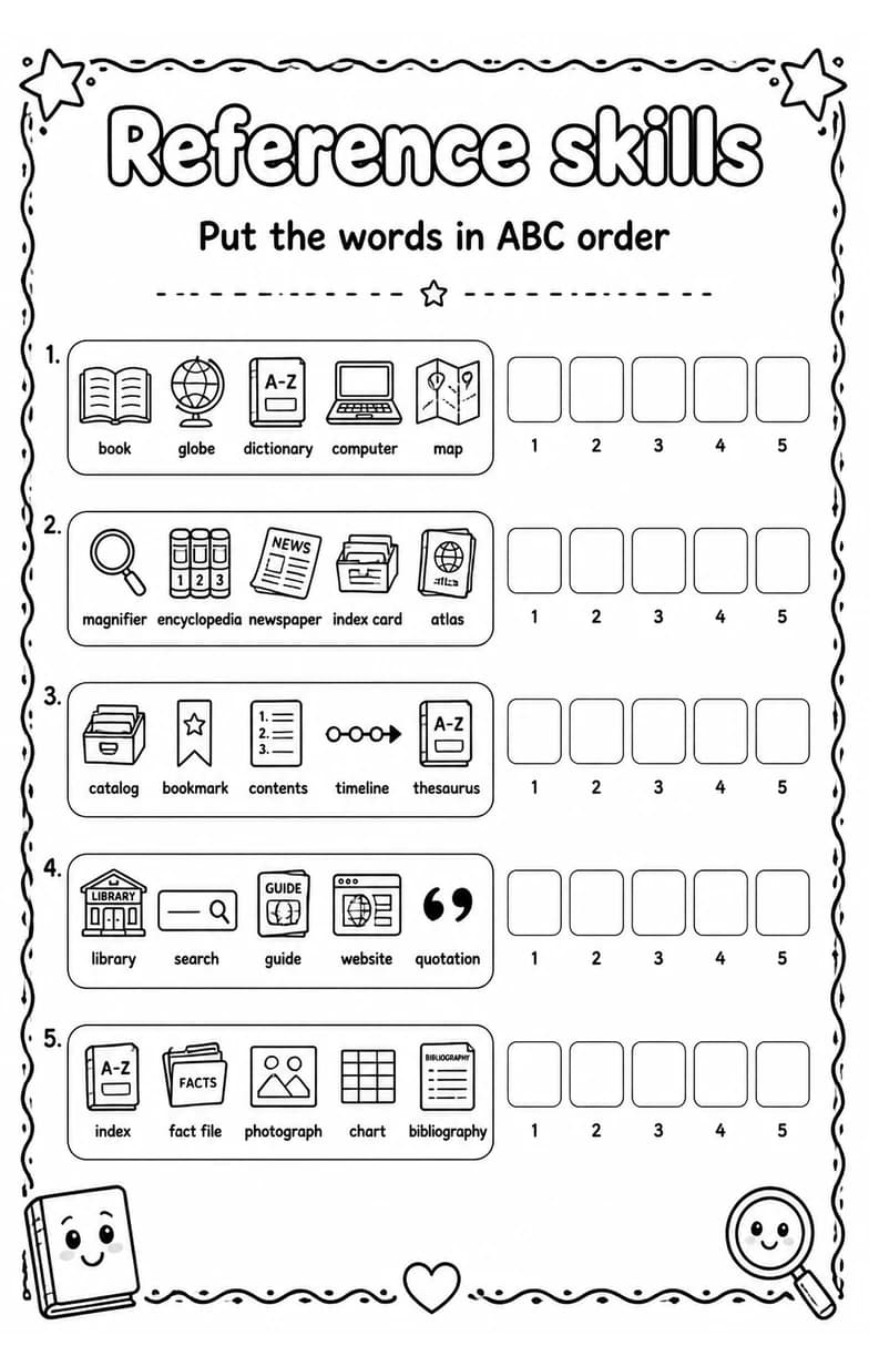 Put the words in ABC order — free printable Grade 1 English & Reading worksheet