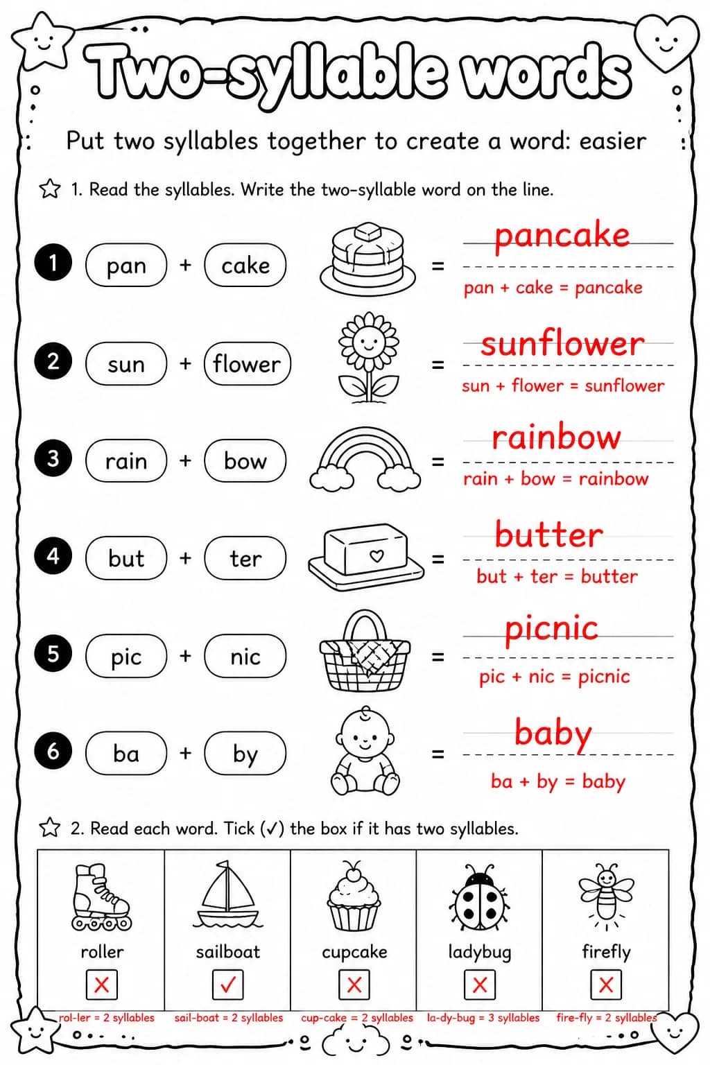 Answer key for Put two syllables together to create a word: easier — free printable English & Reading worksheet