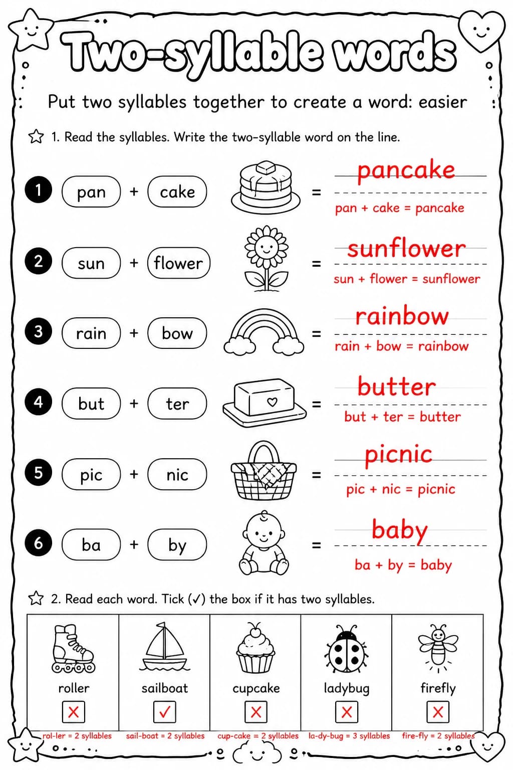 Answer key for Put two syllables together to create a word: easier — free printable English & Reading worksheet