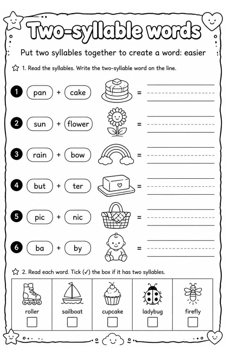 Put two syllables together to create a word: easier — free printable Reading foundations English worksheet
