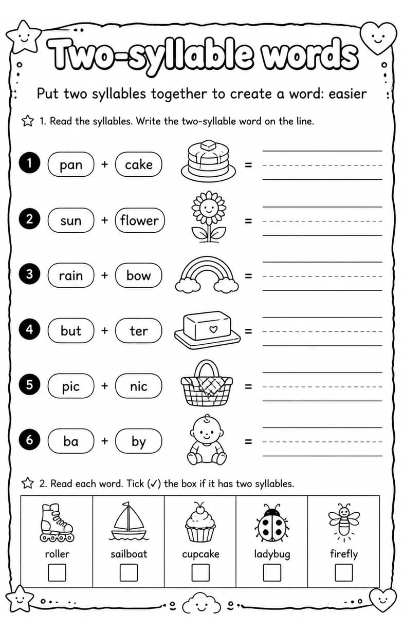 Put two syllables together to create a word: easier — free printable Grade 1 English & Reading worksheet