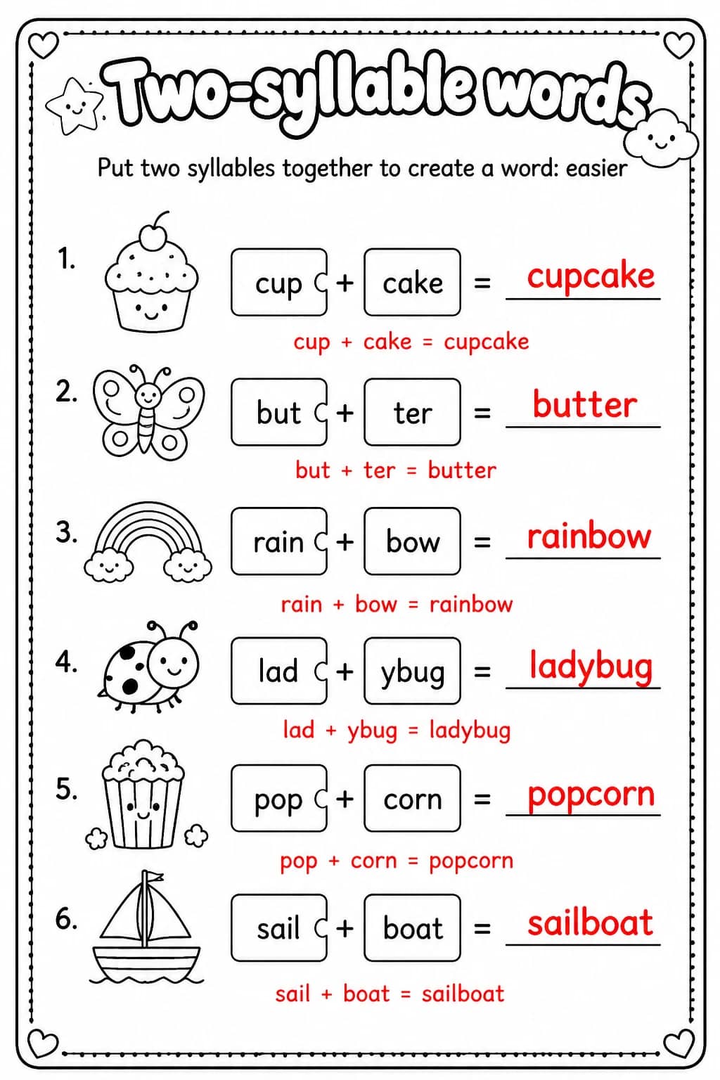 Answer key for Put two syllables together to create a word: easier — free printable English & Reading worksheet