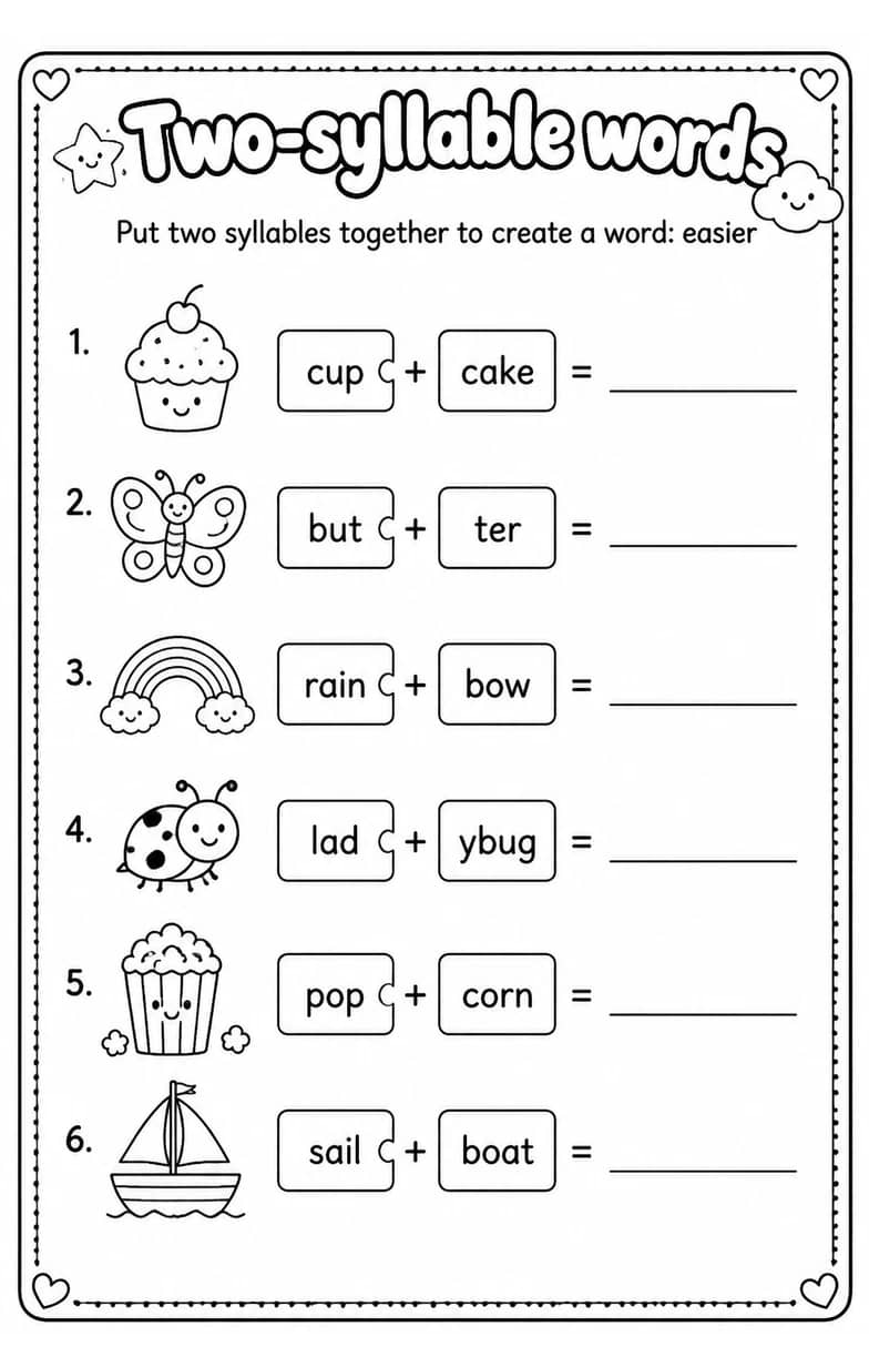 Put two syllables together to create a word: easier — free printable Reading foundations English worksheet
