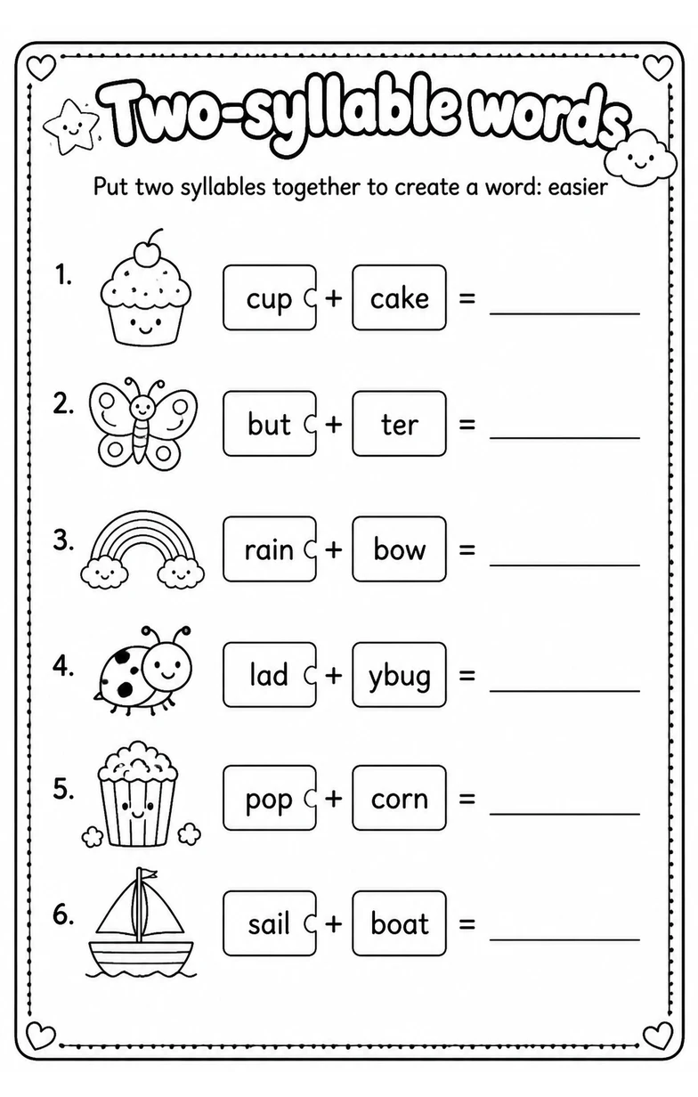 Put two syllables together to create a word: easier — free printable Grade 2 English & Reading worksheet