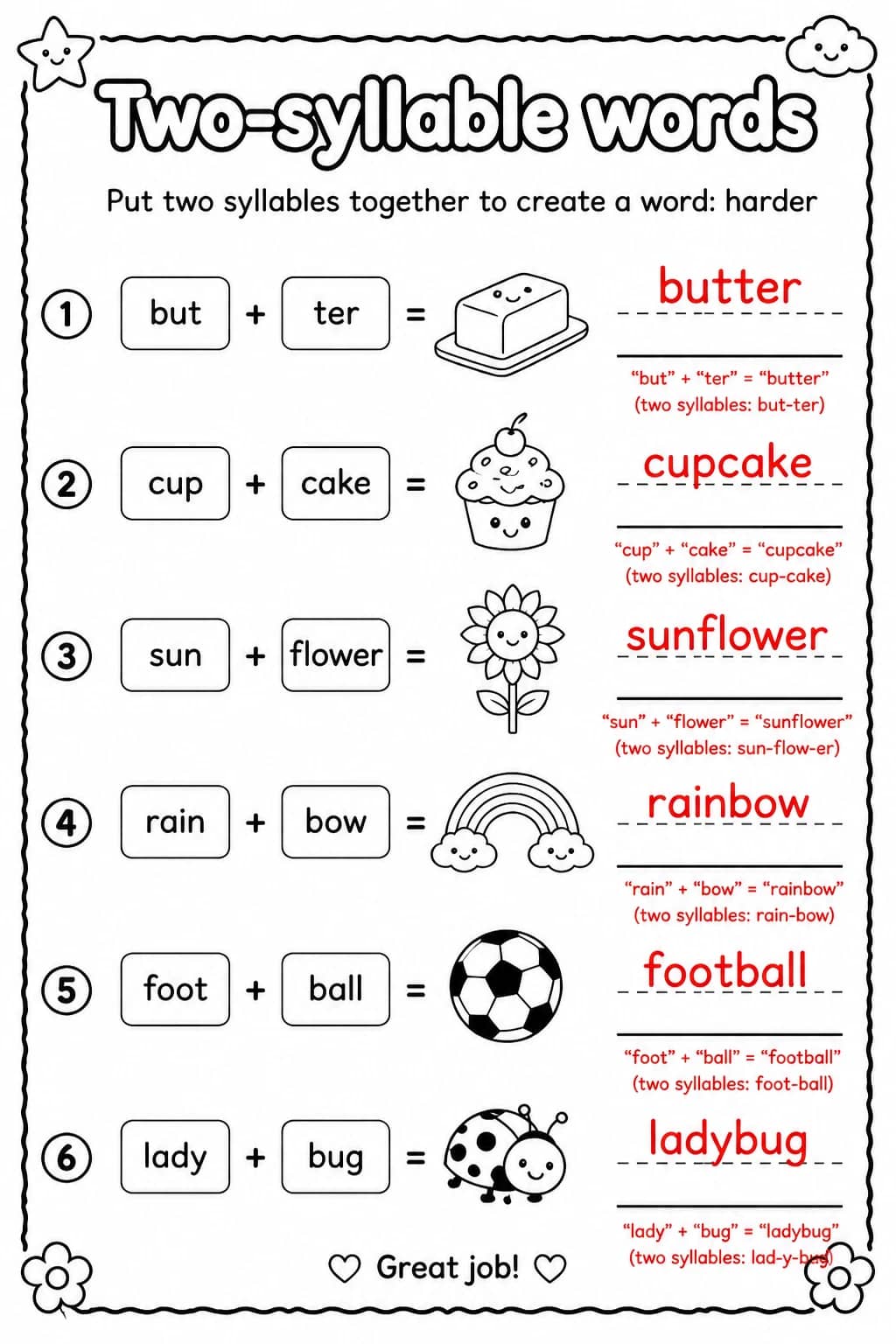 Answer key for Put two syllables together to create a word: harder — free printable English & Reading worksheet