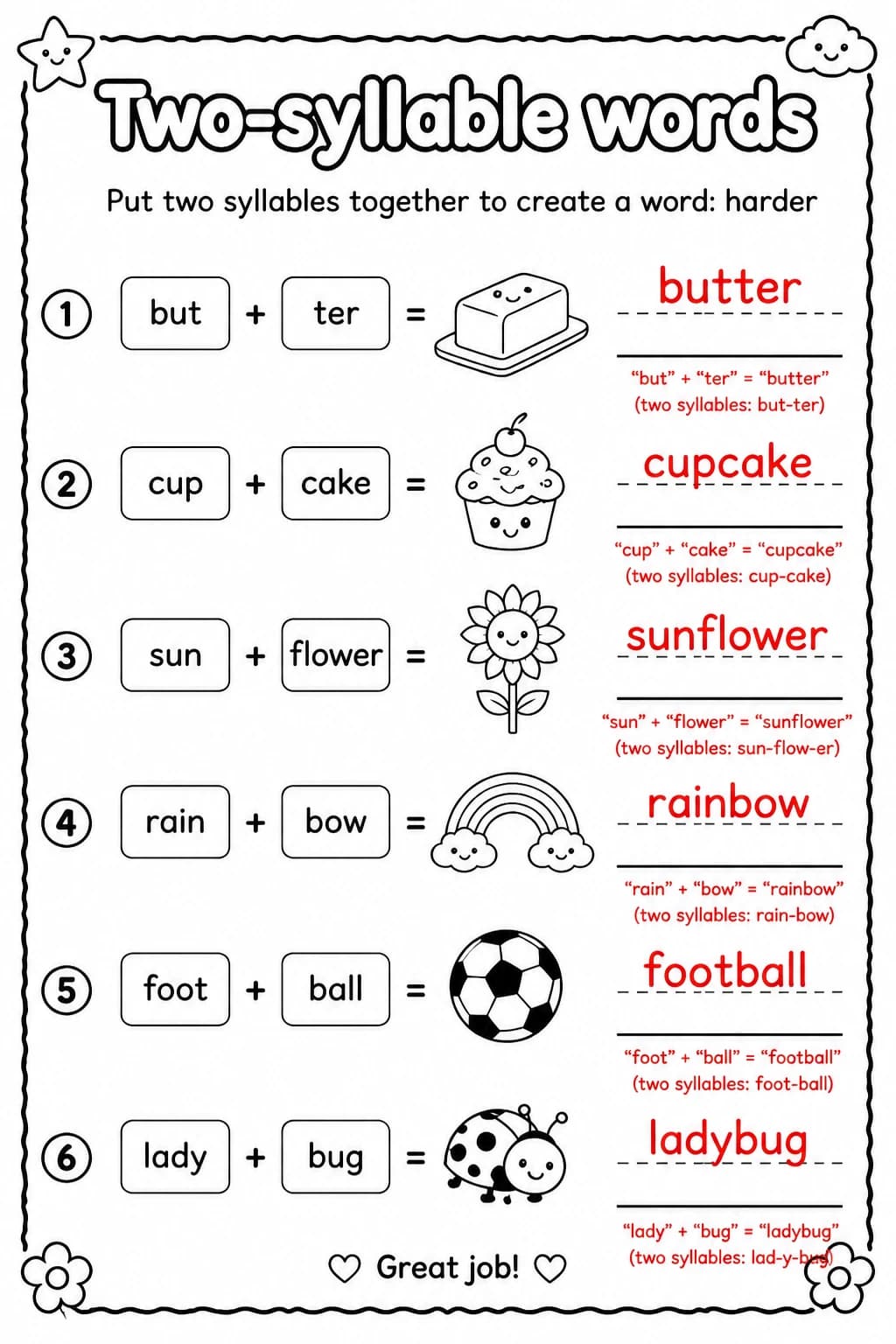 Answer key for Put two syllables together to create a word: harder — free printable English & Reading worksheet
