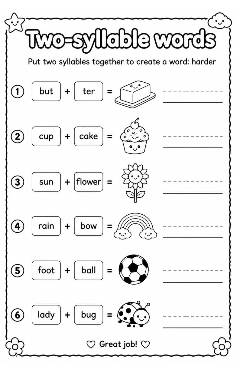 Put two syllables together to create a word: harder — free printable Grade 1 English & Reading worksheet