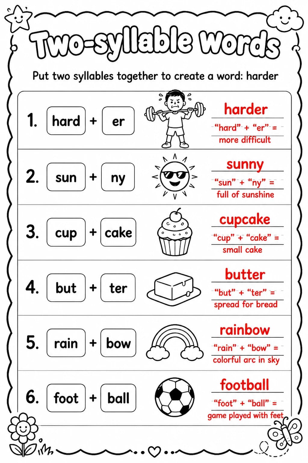 Answer key for Put two syllables together to create a word: harder — free printable English & Reading worksheet
