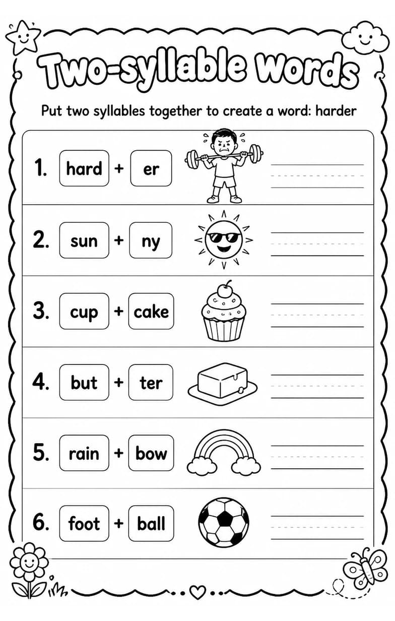 Put two syllables together to create a word: harder — free printable Reading foundations English worksheet