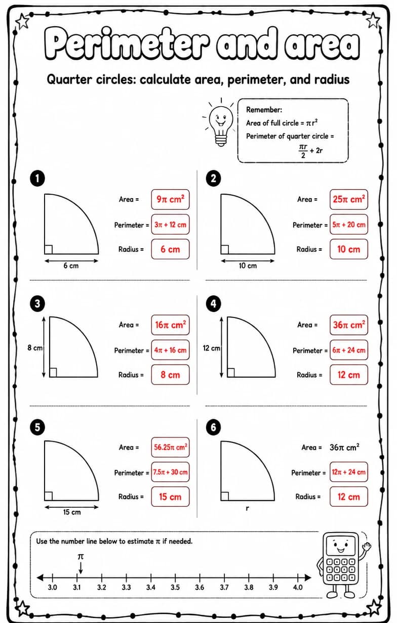 Answer key for Quarter circles: calculate area, perimeter, and radius — free printable Math worksheet