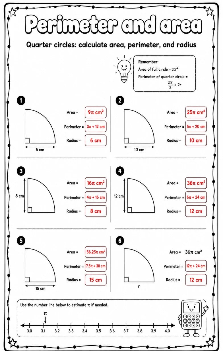 Answer key for Quarter circles: calculate area, perimeter, and radius — free printable Math worksheet