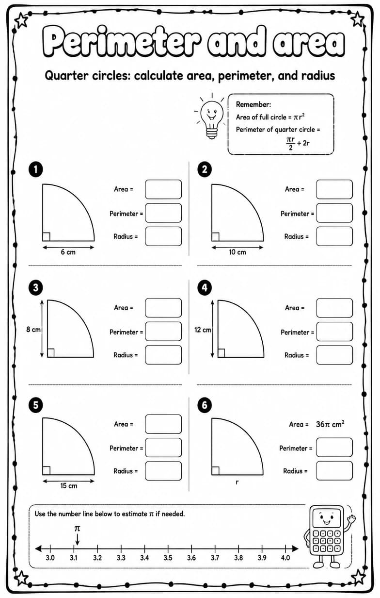 Quarter circles: calculate area, perimeter, and radius — free printable Grade 7 math worksheet