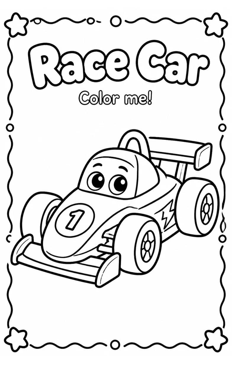 Race Car Coloring Pages — free printable Kindergarten Art worksheet