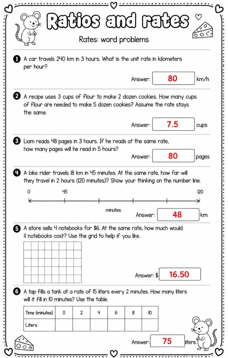 Answer key for Rates: word problems — free printable Math worksheet