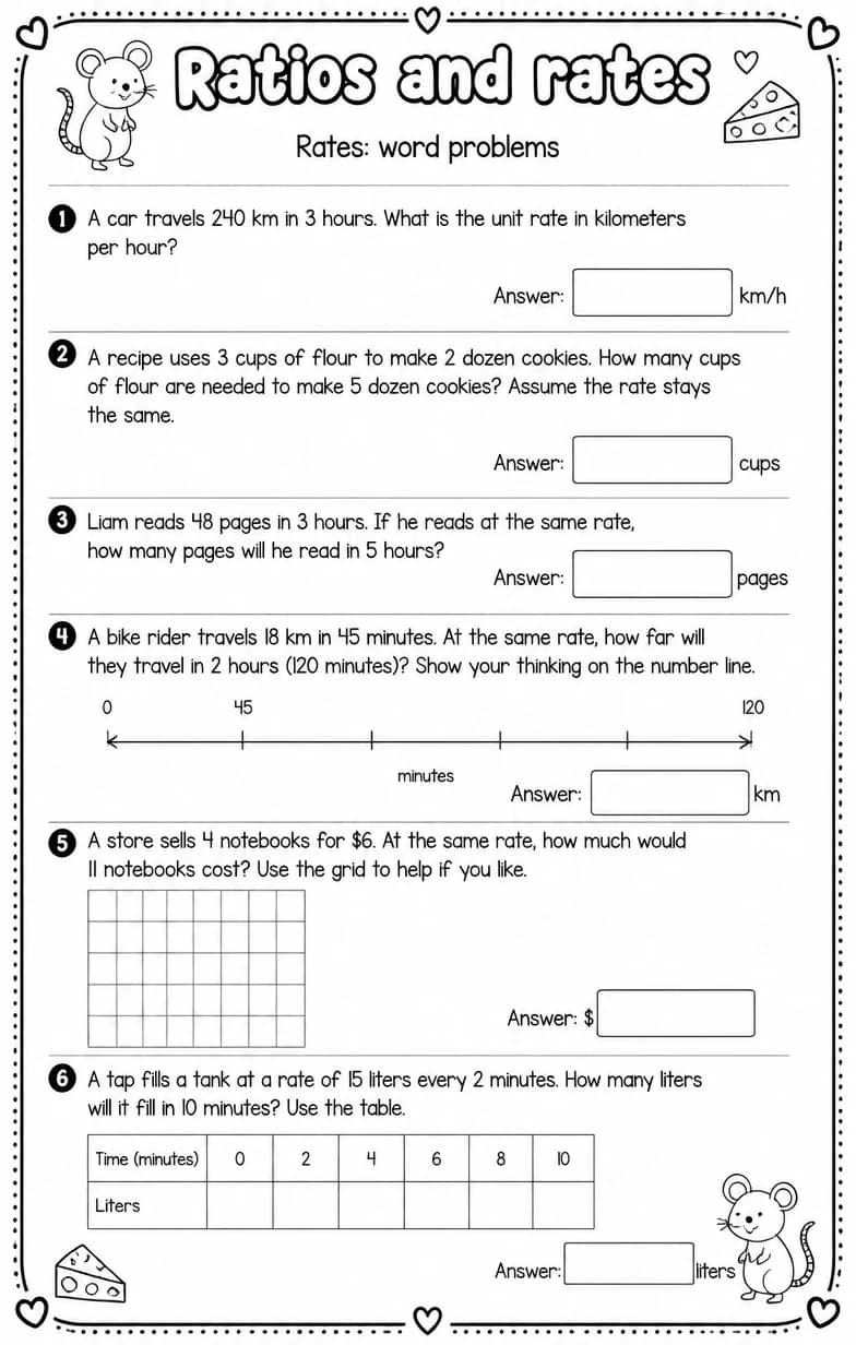 Rates: word problems — free printable Grade 6 math worksheet