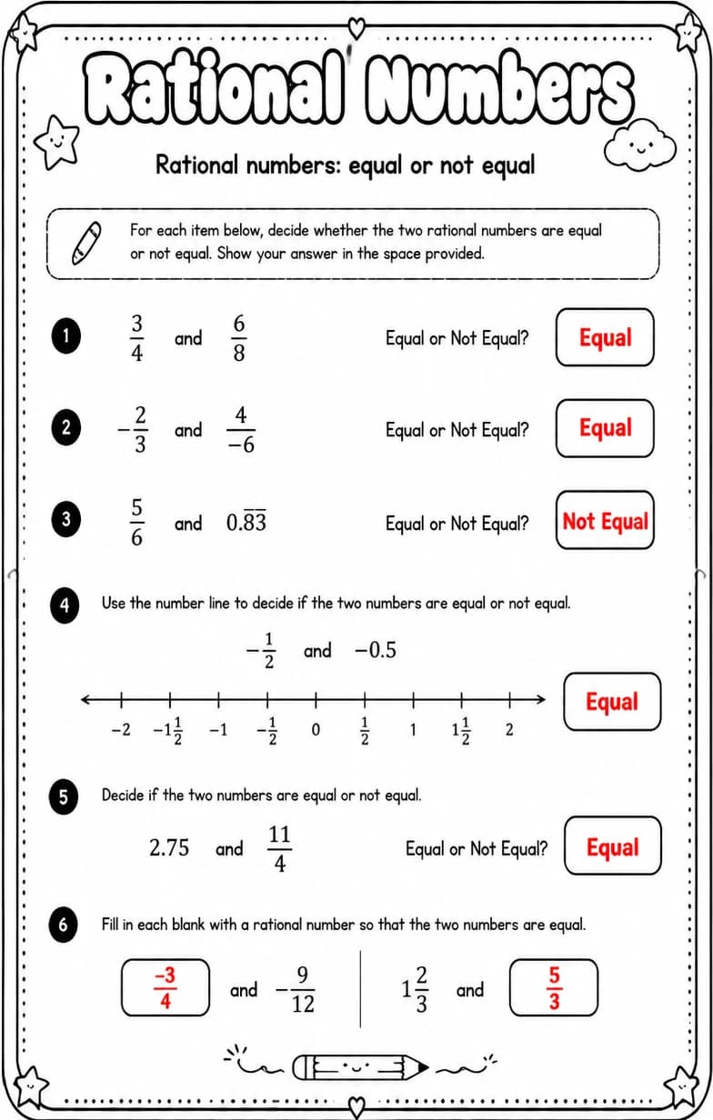 Answer key for Rational numbers: equal or not equal — free printable Math worksheet