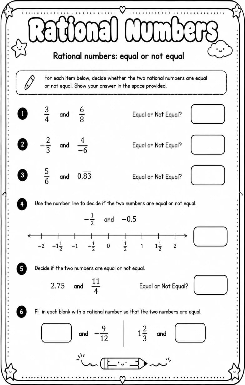 Rational numbers: equal or not equal — free printable Grade 6 math worksheet
