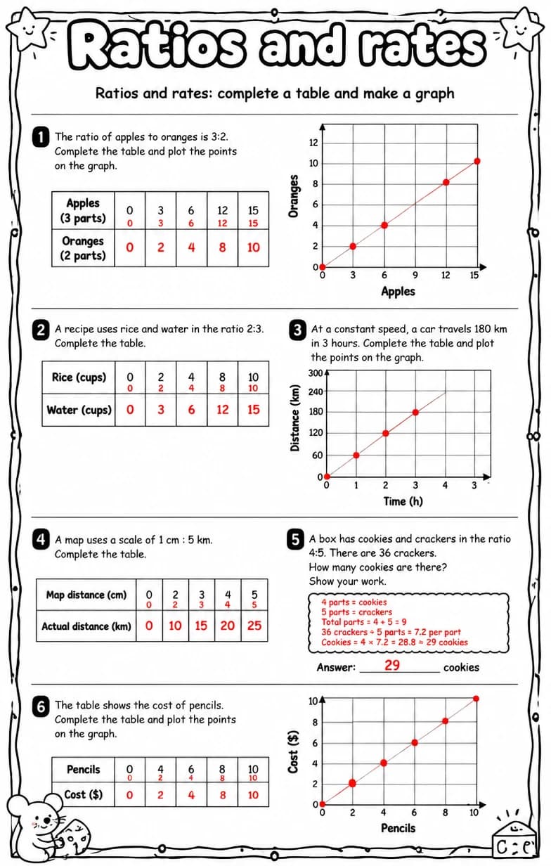 Answer key for Ratios and rates: complete a table and make a graph — free printable Math worksheet