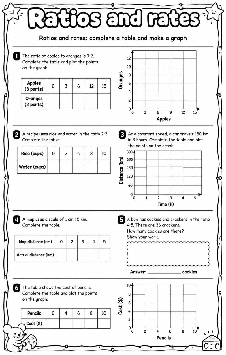 Ratios and rates: complete a table and make a graph — free printable Grade 6 math worksheet
