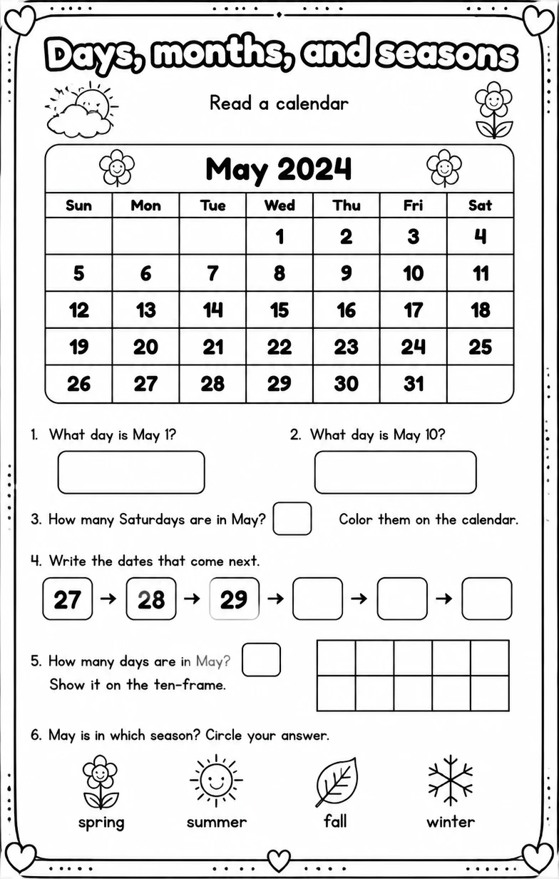 Read a calendar — free printable Grade 1 Math worksheet