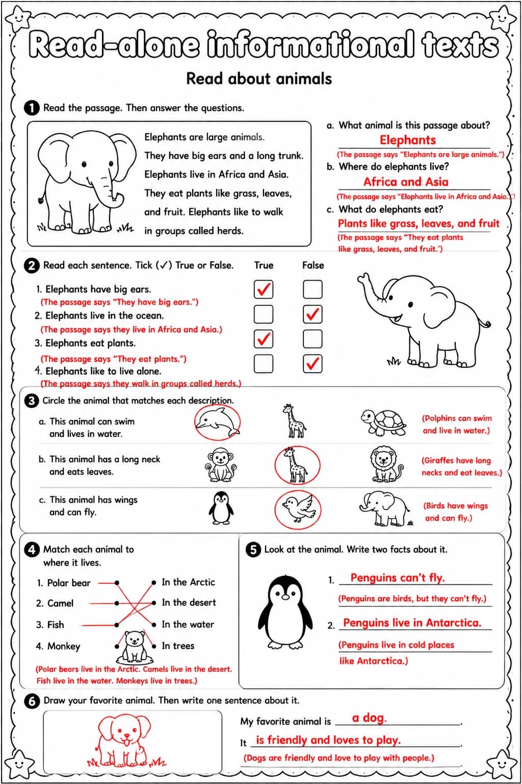 Answer key for Read about animals — free printable English & Reading worksheet