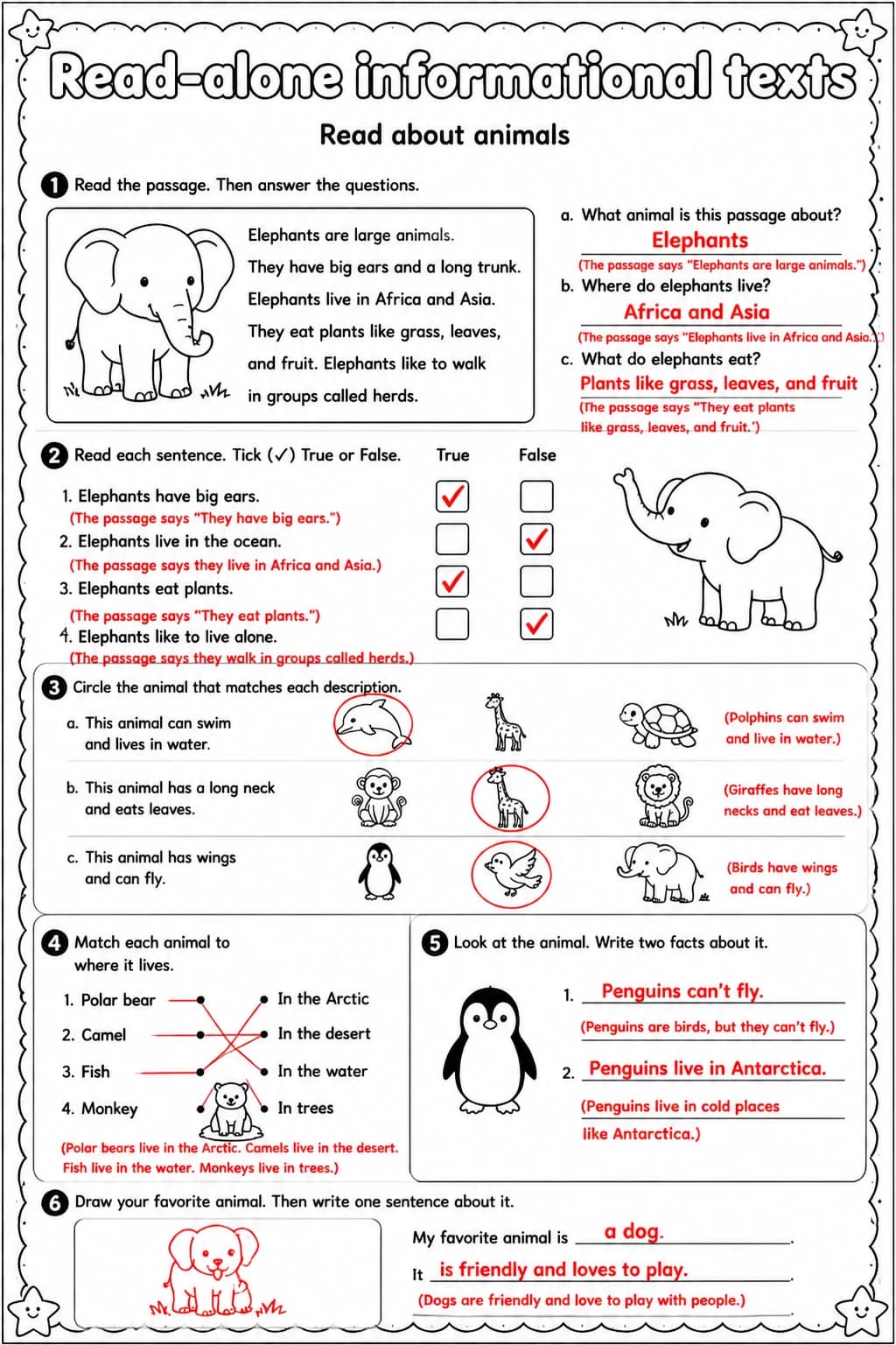 Answer key for Read about animals — free printable English & Reading worksheet